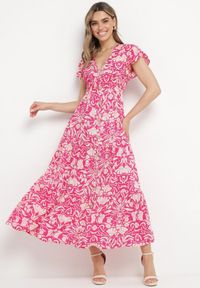 Born2be - Różowa Rozkloszowana Sukienka Maxi z Luźnym Rękawem w Kwiatowy Print Oxeria. Kolor: różowy. Wzór: nadruk, kwiaty. Sezon: lato. Typ sukienki: rozkloszowane. Długość: maxi #1