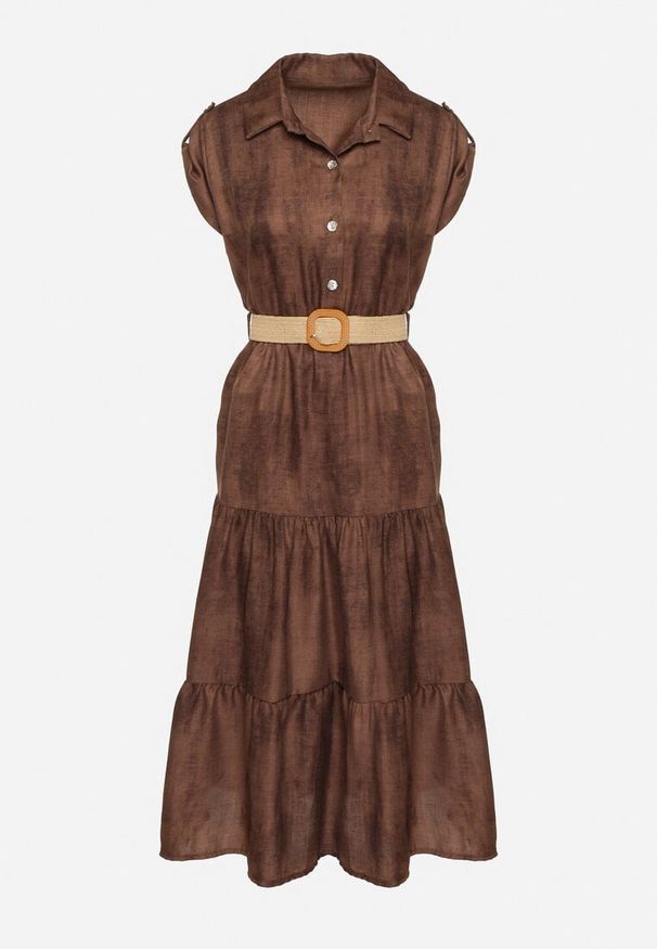 Born2be - Brązowa Sukienka Ozdobiona Plecionym Paskiem i Guzikami Filianea. Okazja: na co dzień. Kolor: brązowy. Materiał: jeans. Wzór: aplikacja. Styl: casual, elegancki