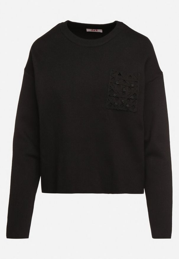 Born2be - Czarny Sweter o Pudełkowym Kroju z Ozdobną Kieszonką Seaviraen. Okazja: na co dzień, do pracy. Kolor: czarny. Materiał: jeans. Długość rękawa: długi rękaw. Długość: długie. Styl: elegancki, casual