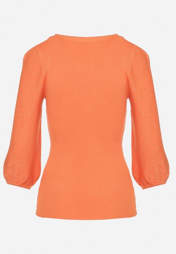 Born2be - Pomarańczowy Sweter z Lekko Bufiastymi Rękawami o Długości 7/8 z Cyrkoniami Irissi. Okazja: na co dzień. Kolor: pomarańczowy. Materiał: jeans, tkanina. Sezon: jesień, wiosna. Styl: elegancki, casual
