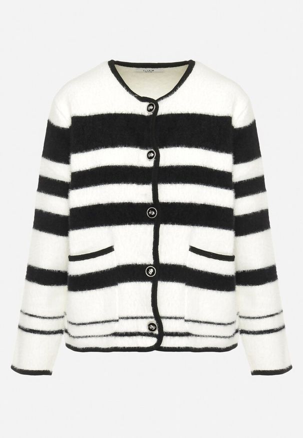 Born2be - Biały Kardigan z Wiskozy na Guziki w Stylu Retro w Paski Alarnora. Kolor: biały. Materiał: wiskoza. Długość rękawa: długi rękaw. Długość: długie. Wzór: paski. Styl: retro