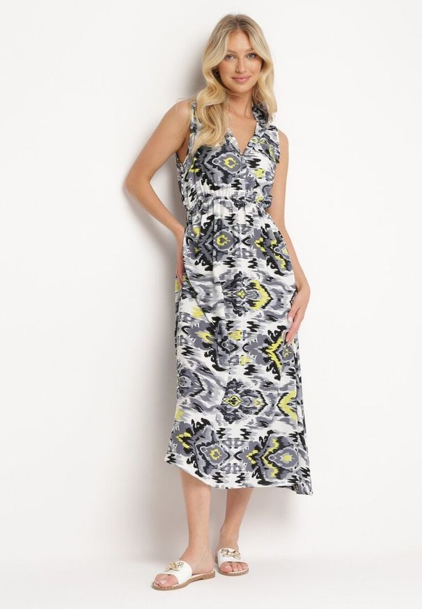 Born2be - Szaro-Biała Sukienka Rozkloszowana z Klapami przy Dekolcie w Abstrakcyjny Wzór Elebia. Okazja: na imprezę, na co dzień. Kolor: szary. Materiał: tkanina. Sezon: lato. Typ sukienki: rozkloszowane. Styl: casual, klasyczny