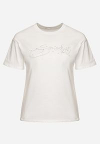 Born2be - Biały Bawełniany T-shirt z Ozdobnym Napisem i Cyrkoniami Olisandra. Okazja: na co dzień. Kolekcja: plus size. Kolor: biały. Materiał: bawełna. Wzór: napisy. Styl: klasyczny, casual #6