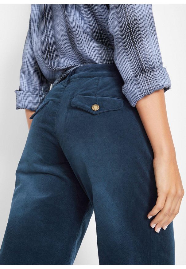 bonprix - Spodnie sztruksowe ze stretchem, wide leg. Kolor: niebieski. Materiał: sztruks