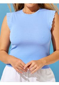 Sinsay - Koszulka z haftowanymi rękawami - błękitny. Kolor: niebieski. Wzór: haft #1
