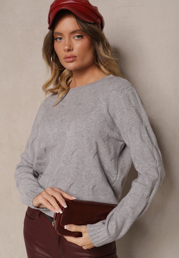 Renee - Szary Sweter z Wiskozą Bawełną i Tłoczonym Wzorem Zeiatha. Okazja: na co dzień, na imprezę, na spotkanie biznesowe. Kolor: szary. Materiał: bawełna, wiskoza. Styl: klasyczny, elegancki, biznesowy, casual