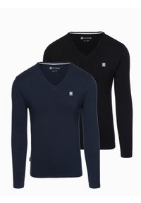 Ombre Clothing - Komplet męskich longsleeve'ów SLIM FIT z dekoltem typu V i logotypem 2-pak – mix granatowy/czarny V3 - Rozmiar: XL. Okazja: na co dzień. Kolor: niebieski. Materiał: elastan, bawełna. Długość rękawa: długi rękaw. Styl: casual