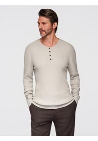 Ombre Clothing - Męski prążkowany sweter z guzikami przy dekolcie - beżowy V3 - Rozmiar: S. Kolor: beżowy. Materiał: prążkowany. Styl: elegancki