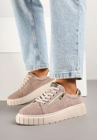Born2be - Beżowe Skórzane Sneakersy na Grubej Podeszwie Ozdobione Perforacją Suwakiem Tellissa. Nosek buta: okrągły. Zapięcie: sznurówki. Kolor: beżowy. Materiał: skóra. Wzór: aplikacja. Obcas: na obcasie. Wysokość obcasa: niski #3