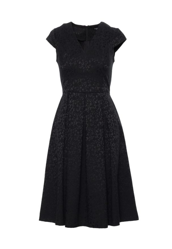 MOE - Żakardowa sukienka wieczorowa rozkloszowana czarna. Okazja: na ślub cywilny, na wesele, na imprezę. Kolor: czarny. Materiał: żakard. Styl: wizytowy