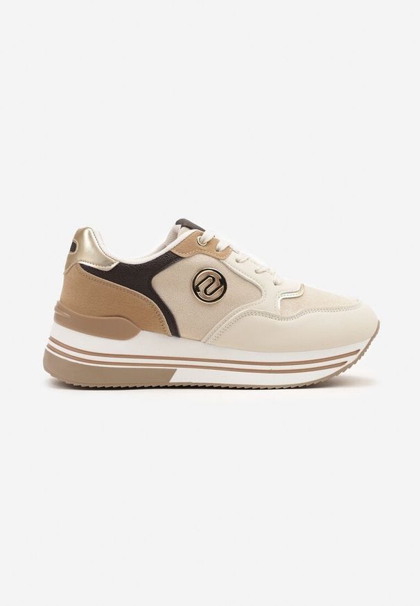 Renee - Beżowe Sneakersy na Platformie z Metaliczną Ozdobą Roniane. Okazja: na co dzień. Kolor: beżowy. Materiał: jeans. Wzór: aplikacja. Obcas: na platformie