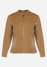 Born2be - Brązowa Kurtka Ramoneska z Ekoskóry z Ozdobnymi Paskami na Napy Bellassa. Typ kołnierza: kołnierzyk stójkowy. Kolekcja: plus size. Kolor: brązowy. Wzór: paski #2