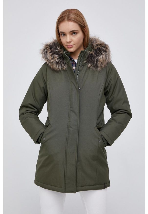 only - Only - Parka. Kolor: zielony. Materiał: tkanina, futro. Wzór: gładki