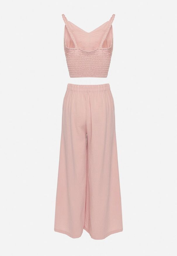 Born2be - Różowy Komplet z Wiskozą Top z Usztywnianymi Miseczkami i Szerokie Spodnie Lortebis. Kolor: różowy. Materiał: wiskoza. Wzór: aplikacja