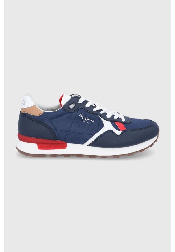 Pepe Jeans buty britt man flag kolor granatowy. Nosek buta: okrągły. Zapięcie: sznurówki. Kolor: niebieski. Materiał: guma. Obcas: na obcasie. Wysokość obcasa: niski