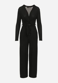 Born2be - Czarny Kombinezon z Wiskozą Kopertowym Dekoltem i Materiałowym Paskiem Miathalise. Okazja: na spotkanie biznesowe. Kolor: czarny. Materiał: wiskoza, materiał. Długość: długie. Styl: biznesowy #6