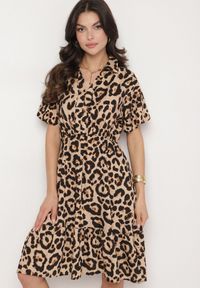 Born2be - Panterkowa Wiskozowa Rozkloszowana Sukienka Koszulowa Ralessea. Okazja: na co dzień. Materiał: wiskoza. Typ sukienki: koszulowe. Styl: elegancki, casual