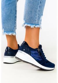 Filippo - granatowe sneakersy filippo skórzane buty sportowe sznurowane z ozdobnym suwakiem dp2052/21nv. Kolor: niebieski. Materiał: skóra #1