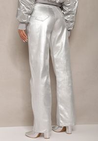 Renee - Srebrne Szerokie Spodnie Metaliczne High Waist z Ekoskóry Tranise. Stan: podwyższony. Kolor: srebrny. Materiał: skóra