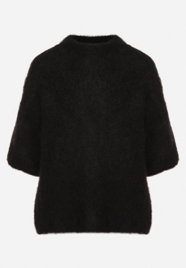 Born2be - Czarny Moherowy Sweter o Kroju Nietoperza z Rękawami 3/4 Eleanira. Okazja: na co dzień. Kolor: czarny. Materiał: moher. Wzór: aplikacja, ze splotem. Sezon: jesień, zima. Styl: klasyczny, elegancki, casual