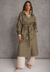 Renee - Zielony Oversizowy Płaszcz Trencz o Dwurzędowym Kroju z Paskiem Darinella. Okazja: na co dzień. Kolor: zielony. Materiał: jeans. Styl: casual, elegancki #7