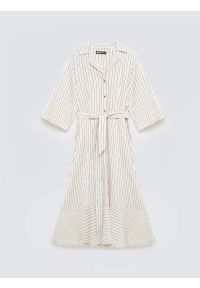 Big-Star - Sukienka damska midi koszulowa w prążek perłowa Kemesi 103. Okazja: na co dzień, do pracy. Typ kołnierza: kołnierzyk klasyczny. Kolor: kremowy. Wzór: prążki. Typ sukienki: koszulowe. Materiał: tkanina, len. Długość rękawa: krótki rękaw. Sezon: lato. Styl: casual, klasyczny, elegancki. Długość: midi #6
