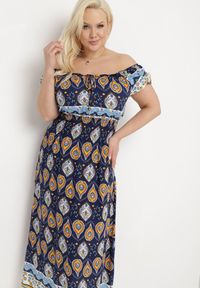 Born2be - Granatowa Sukienka Bawełniana z Gumką w Talii i Mozaikowym Wzorem Vestra. Kolor: niebieski. Materiał: bawełna. Sezon: lato #7