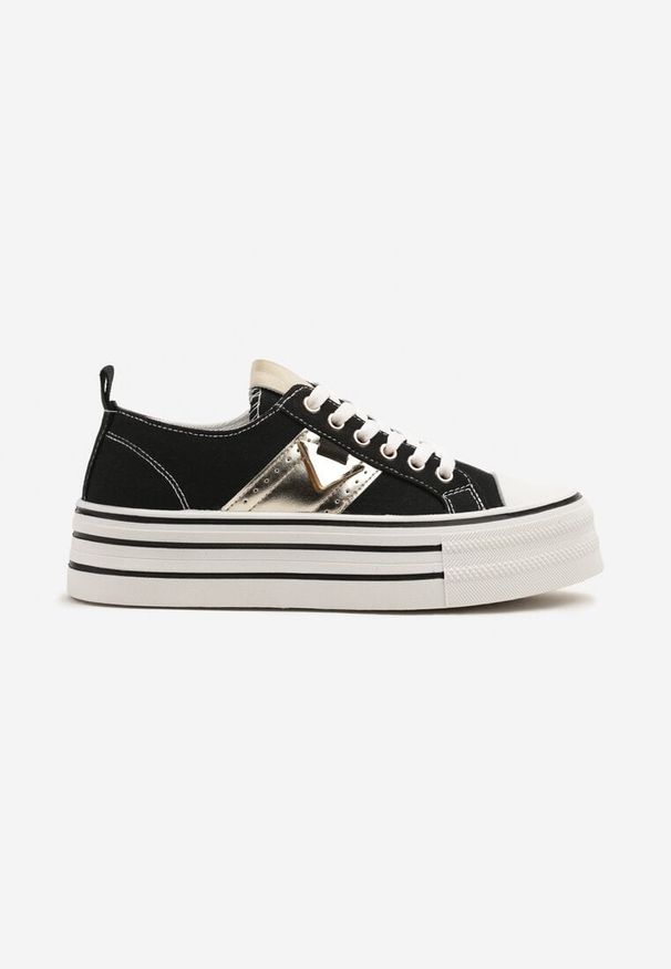 Born2be - Czarne Trampki na Grubej Podeszwie z Metaliczną Wstawką Telarella. Okazja: na spacer, na co dzień. Kolor: czarny. Materiał: jeans. Styl: casual