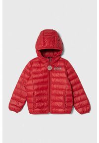 EA7 Emporio Armani kurtka puchowa dziecięca kolor czerwony. Okazja: na co dzień. Typ kołnierza: kaptur. Kolor: czerwony. Materiał: puch. Styl: casual