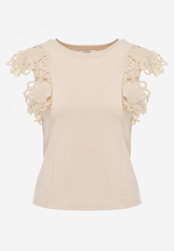 Born2be - Jasnobeżowy Bawełniany Top z Koronką przy Ramionach Learena. Kolor: beżowy. Materiał: bawełna, koronka. Długość rękawa: bez rękawów. Wzór: koronka