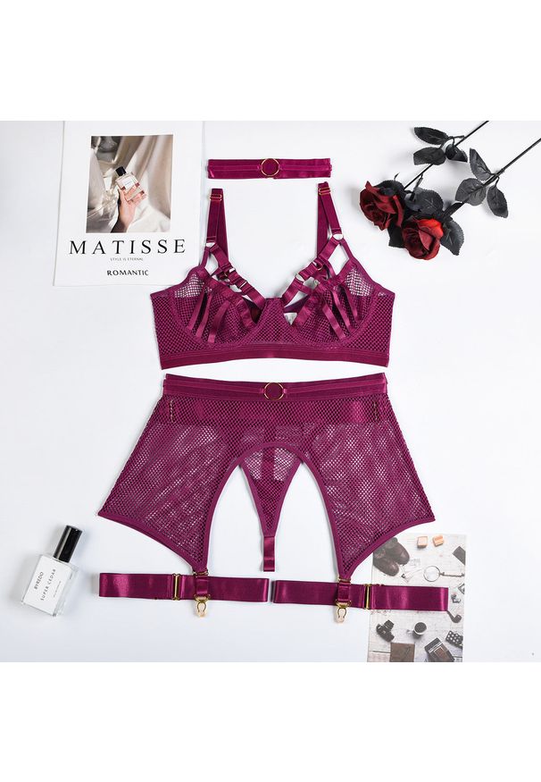 Intica - Komplet bielizny z pasem i podwiązkami elegancki design Palaghia. Kolor: fioletowy. Materiał: materiał