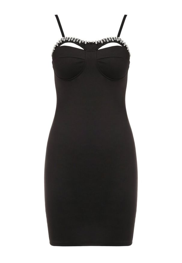 Born2be - Czarna Sukienka Aedarpia. Typ kołnierza: dekolt kwadratowy. Kolor: czarny. Długość rękawa: na ramiączkach. Wzór: aplikacja. Typ sukienki: dopasowane. Styl: elegancki, wizytowy. Długość: mini