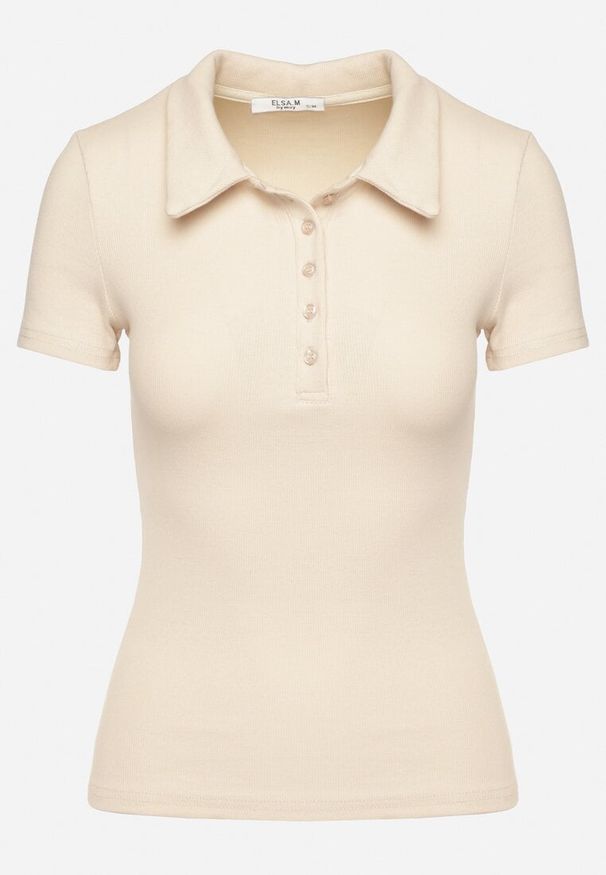 Born2be - Beżowy Bawełniany T-shirt Prążkowany Typu Polo z Guzikami Avelavia. Okazja: na co dzień. Typ kołnierza: polo. Kolor: beżowy. Materiał: bawełna, prążkowany. Styl: klasyczny, casual