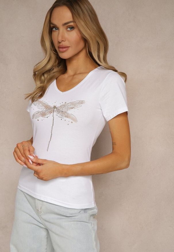 Renee - Biały T-shirt z Bawełny Ozdobiony Cyrkoniową Ważką Ulioretia. Okazja: na co dzień, na spotkanie biznesowe, do pracy. Kolor: biały. Materiał: bawełna. Wzór: aplikacja. Styl: biznesowy, klasyczny, casual