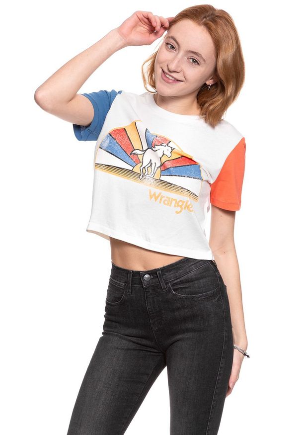 Wrangler - WRANGLER T SHIRT DAMSKI CROP TEE EGRET OFF WHITE W7382GFIO 112131030. Wzór: nadruk. Styl: vintage