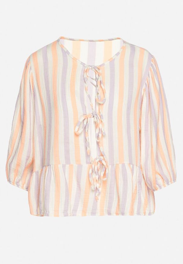 Born2be - Pomarańczowa Bawełniana Bluzka w Paski z Wiązaniem i Falbanką Regilla. Okazja: na co dzień. Typ kołnierza: kołnierz z falbankami. Kolor: pomarańczowy. Materiał: bawełna. Wzór: paski. Styl: elegancki, casual