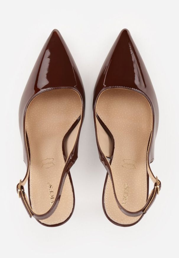 Renee - Brązowe Szpilki Slingback VICES z Lakierowanym Połyskiem i Skórzaną Wkładką Marinja. Nosek buta: szpiczasty. Kolor: brązowy. Materiał: skóra, lakier. Obcas: na szpilce. Styl: wizytowy, elegancki