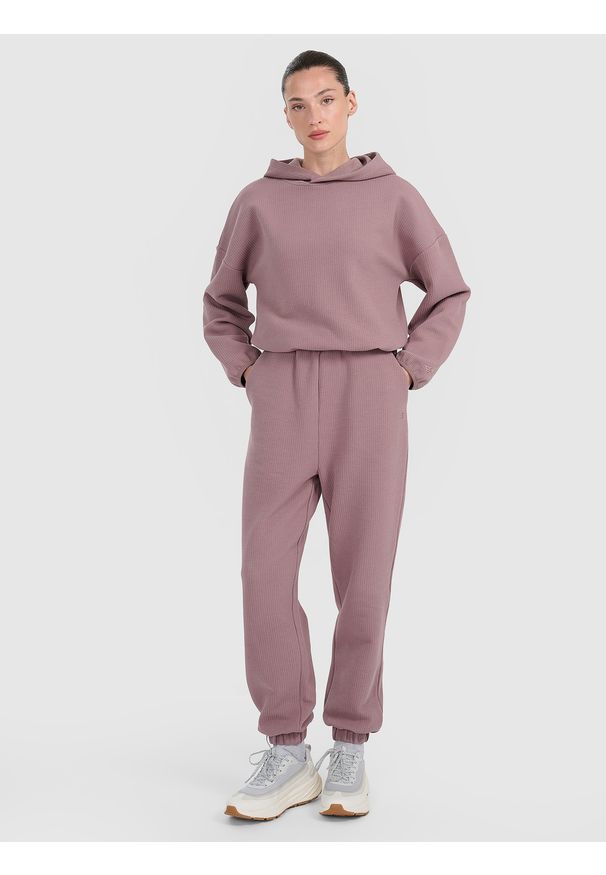 4f - 4F Bluza dresowa z waflowej dzianiny damska - brązowa S. Okazja: na co dzień. Kolor: brązowy. Materiał: dresówka, dzianina. Styl: casual, sportowy