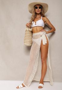Renee - Beżowa Ażurowa Spódnica High Waist Wiązana z Boku w Pasie Vikiarria. Stan: podwyższony. Kolor: beżowy. Wzór: ażurowy