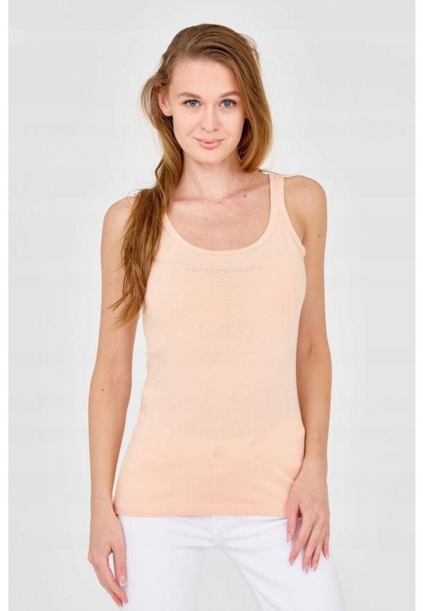 Emporio Armani - EMPORIO ARMANI Brzoskwiniowy damski top, Rozmiar L. Kolor: pomarańczowy. Materiał: bawełna