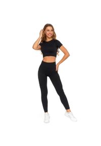 Czarny Damski Sportowy Komplet Top+Legginsy Moraj. Okazja: na co dzień. Kolor: czarny. Materiał: tkanina. Długość rękawa: krótki rękaw. Długość: krótkie. Wzór: gładki. Styl: sportowy