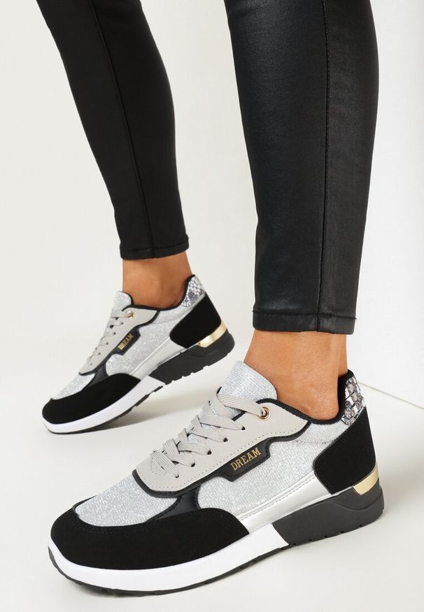 Born2be - Srebrno-Czarne Sneakersy przed Kostkę z Brokatem Balfora. Wysokość cholewki: przed kostkę. Kolor: srebrny