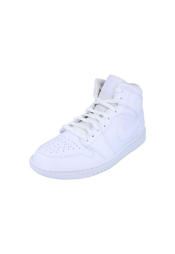 Buty do chodzenia męskie Nike Air Jordan 1 Mid. Wysokość cholewki: za kostkę. Zapięcie: sznurówki. Kolor: biały. Materiał: syntetyk, materiał. Szerokość cholewki: normalna. Model: Nike Air Jordan. Sport: turystyka piesza