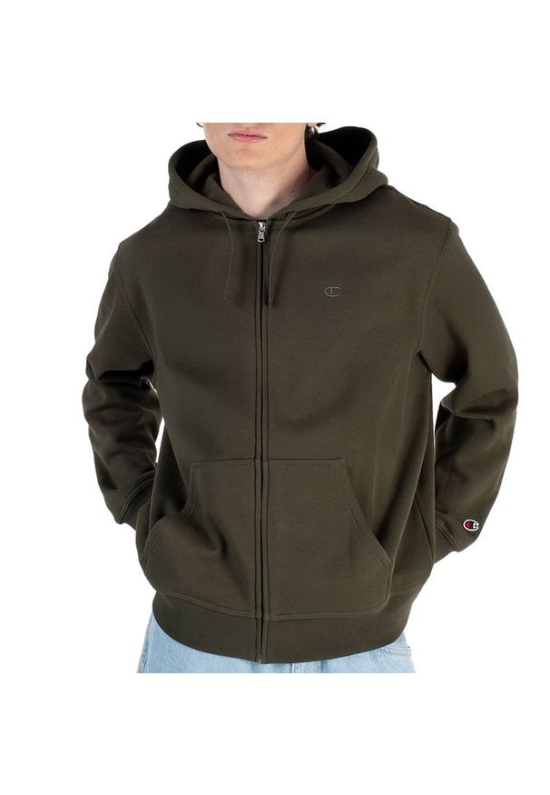 Bluza Champion Full Zip Hoodie 220276-GS508 - zielona. Typ kołnierza: kaptur. Kolor: zielony. Materiał: bawełna, tkanina. Wzór: aplikacja. Styl: sportowy, klasyczny