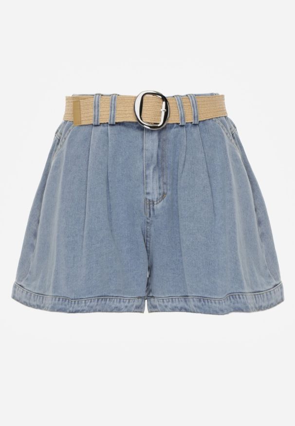 Renee - Jasnoniebieskie Szorty Jeansowe High Waist z Bawełny z Elastycznym Paskiem Tinreia. Okazja: na co dzień. Stan: podwyższony. Kolor: niebieski. Materiał: jeans, bawełna. Długość: krótkie. Sezon: lato. Styl: casual