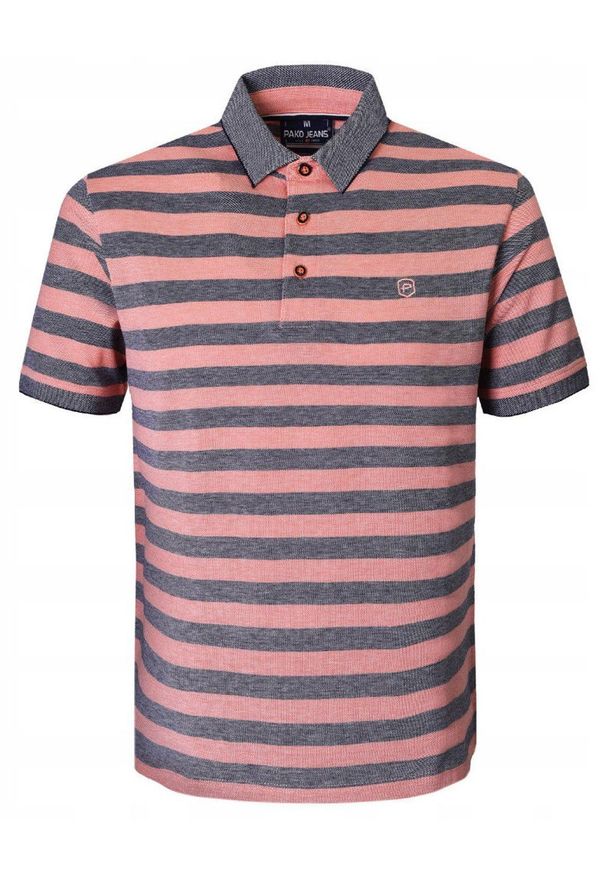 Bawełniana, Męska Koszulka Polo - Pako Jeans - Łososiowe Pasy. Okazja: na co dzień. Typ kołnierza: polo. Kolor: różowy. Materiał: bawełna. Wzór: prążki, paski. Styl: casual