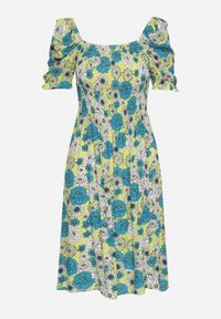 Born2be - Zielono-Niebieska Wiskozowa Sukienka Midi z Gumkami Przy Dekolcie i Wzorem w Kwiaty Alonvaria. Okazja: na spacer, na imprezę. Kolor: zielony. Materiał: wiskoza. Wzór: kwiaty. Sezon: wiosna, lato. Długość: midi #5