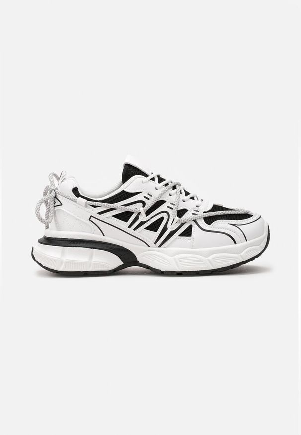 Renee - Biało-Czarne Sneakersy z Siateczką na Podeszwie z Wycięciami i Ozdobnym Wiązaniem Dorila. Wysokość cholewki: przed kostkę. Zapięcie: sznurówki. Kolor: biały. Szerokość cholewki: normalna