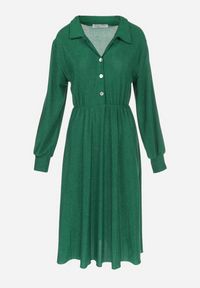Born2be - Zielona Rozkloszowana Sukienka z Koszulową Górą Rade. Typ kołnierza: kolnierz wykładany. Kolor: zielony. Materiał: tkanina. Wzór: aplikacja. Typ sukienki: koszulowe. Styl: elegancki. Długość: midi #2