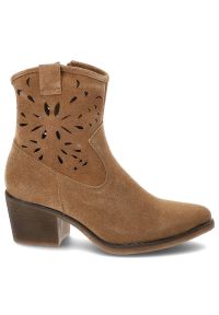 Brązowe Botki S.Barski Modne Skórzane Kowbojki Damskie. Okazja: na co dzień. Kolor: brązowy. Materiał: skóra. Wzór: kwiaty. Obcas: na obcasie. Styl: casual, boho. Wysokość obcasa: średni #6